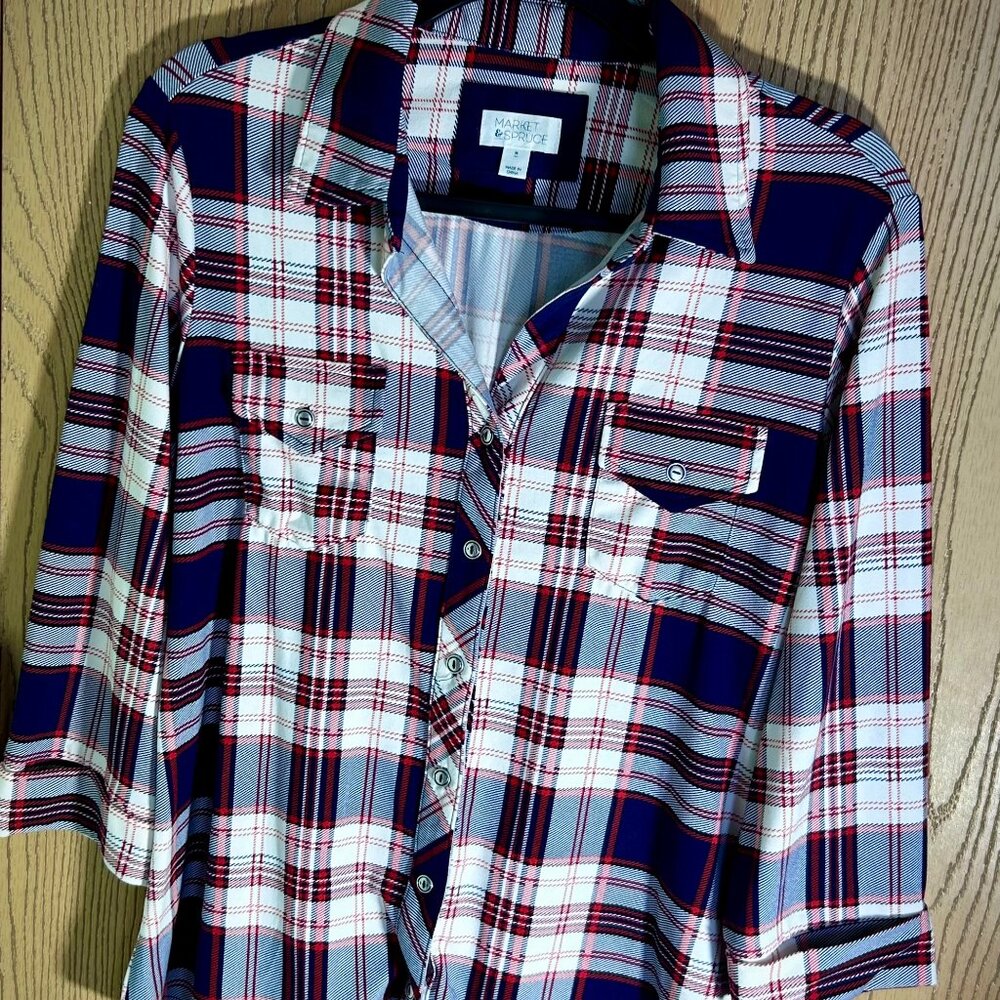 Market & Spruce Balsman Womens Plaid Button Down 3/4 Sleeve Knit Top Size Medium